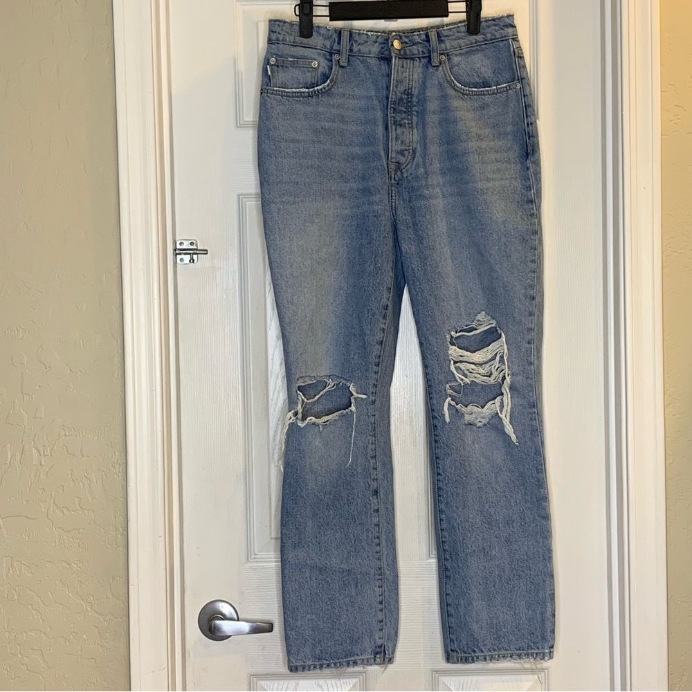 Lovers + Friends Reece High Rise Rigid Slim Straight Jeans Size 29 Distressed